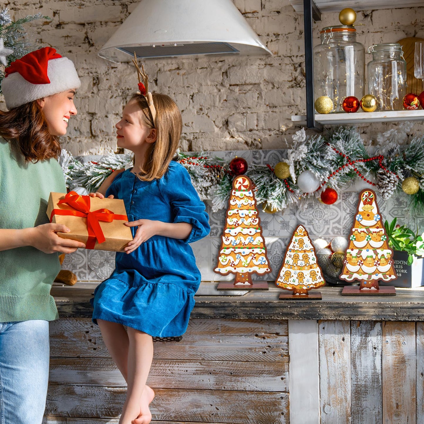 Cinrobiye 6 Pcs Christmas Table Decorations, Gingerbread Tree Tabletop Centerpieces Farmhouse Rustic Wood Xmas Trees for Home Mantel Fireplace Winter Holiday Party Supplies Decor