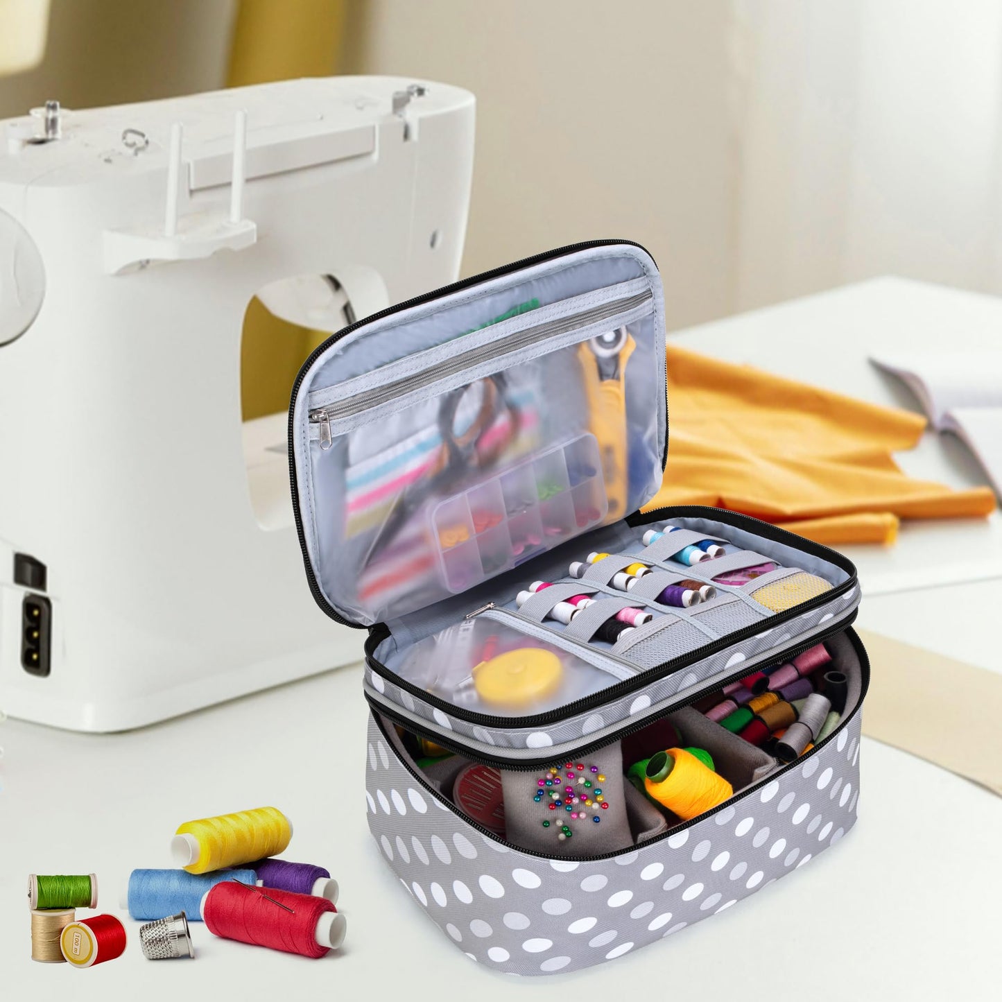 Luxja Double-Layer Sewing Accessories Organizer, Sewing Supplies Organizer for Needles, Thread, Scissors, Measuring Tape and Other Sewing Tools, Large/Polka Dots