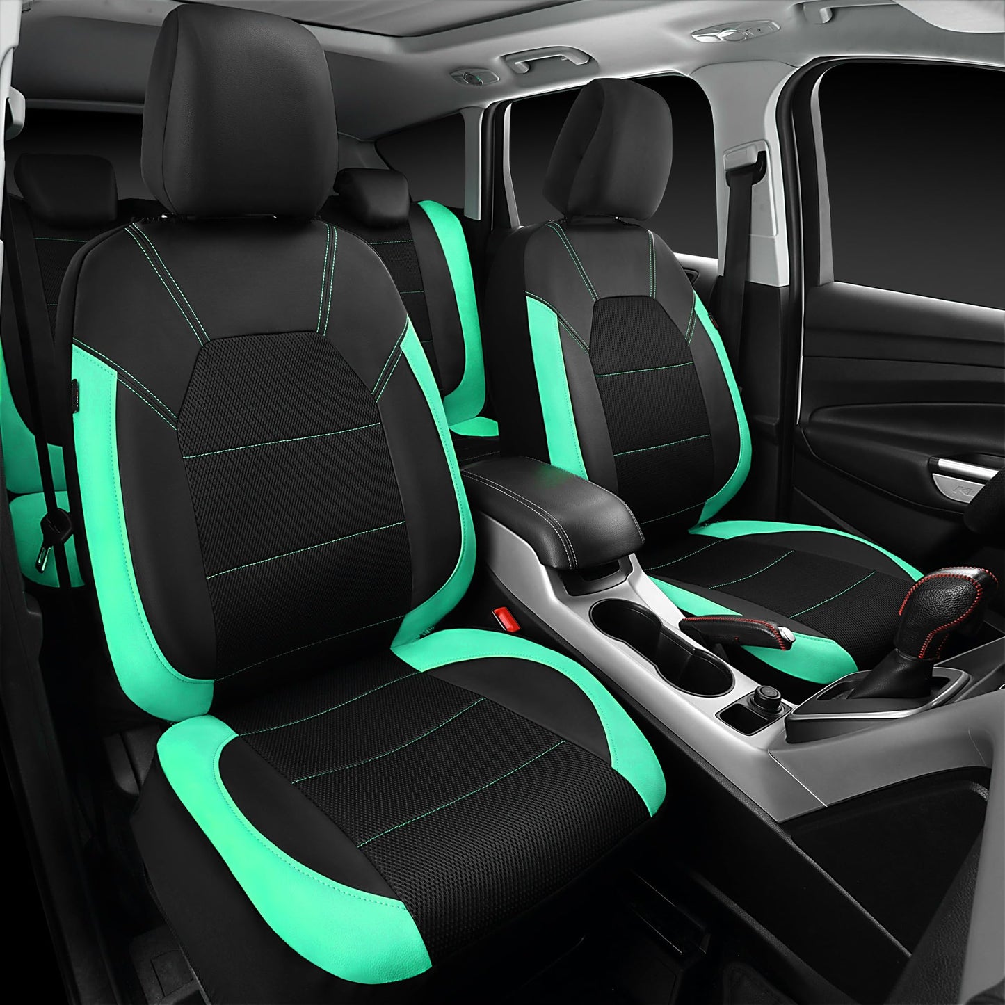 CAR PASS Leather Seat Covers, Breathable Universal Car Seat Cover Full Set for Cute Women Girly,Super 5mm Composite Sponge Inside,Airbag Compatible Fits Most Auto,SUVs,Trucks,Vans(Full Set,Black&Mint)