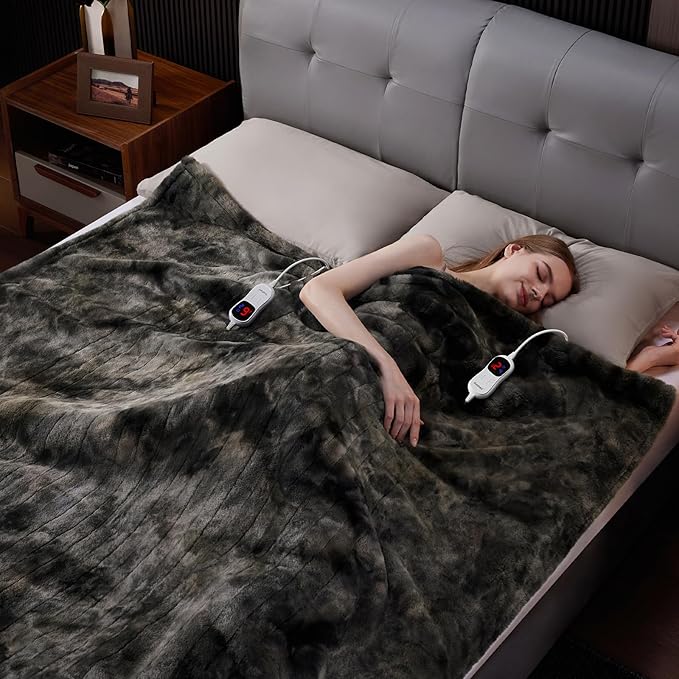 Guohaoi Heated Blanket Electric Throw, Soft Faux Rabbit Fur Electric Blanket with 10 Heating Levels 5 Sitting Timer Auto Off, Cozy Warm Heating Blankets, Machine Washable(90"×100" Dark Grey)