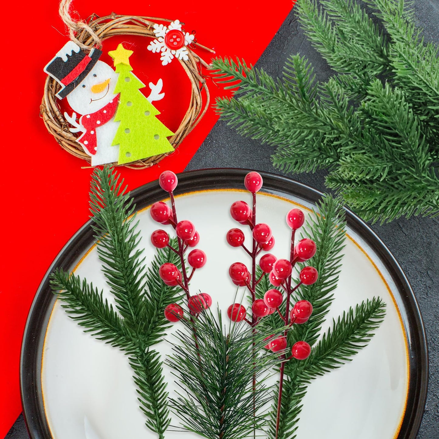 24 Pcs Christmas Artificial Pine Picks and Red Berry Stems, 10.5 Inch Greenery Pine Sprigs, 8 Inch Red Berry Branches, Faux Holiday Floral Picks for Wreaths, Garlands, Craft DIY, and Xmas Decorations