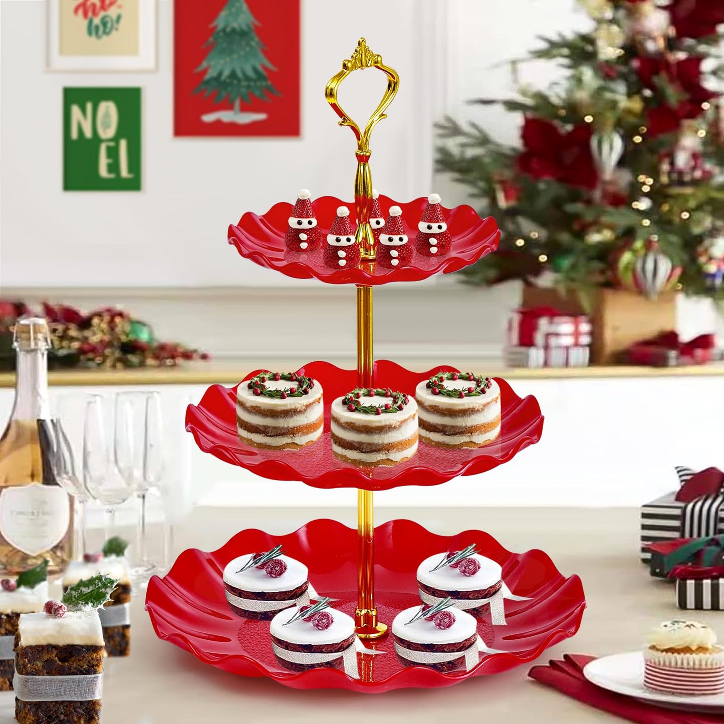Soleebee 3-Tier Cupcake Stand, Wavy Plastic Tiered Serving Tray, Cup Cake Tower for Birthday Wedding Party Decoration, Cupcake Tier Stand Fruits Desserts Display 2 Pack (Red)