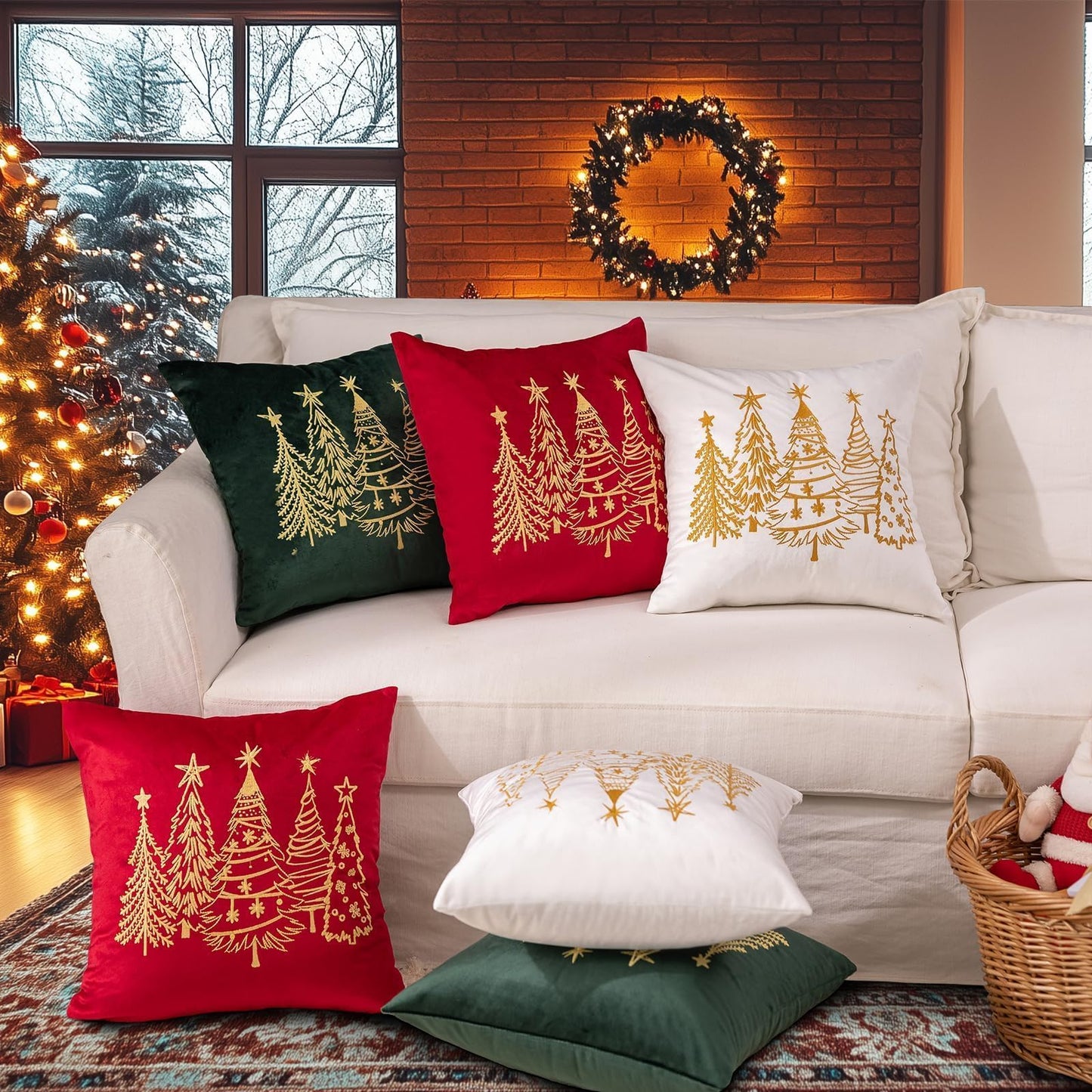 GEEORY Green Velvet Embroidered Christmas Tree Pillow Covers 18x18 Inch Set of 2, Xmas Decorations Farmhouse Winter Holiday Decor Cushion Case for Sofa & Bed GX006-18