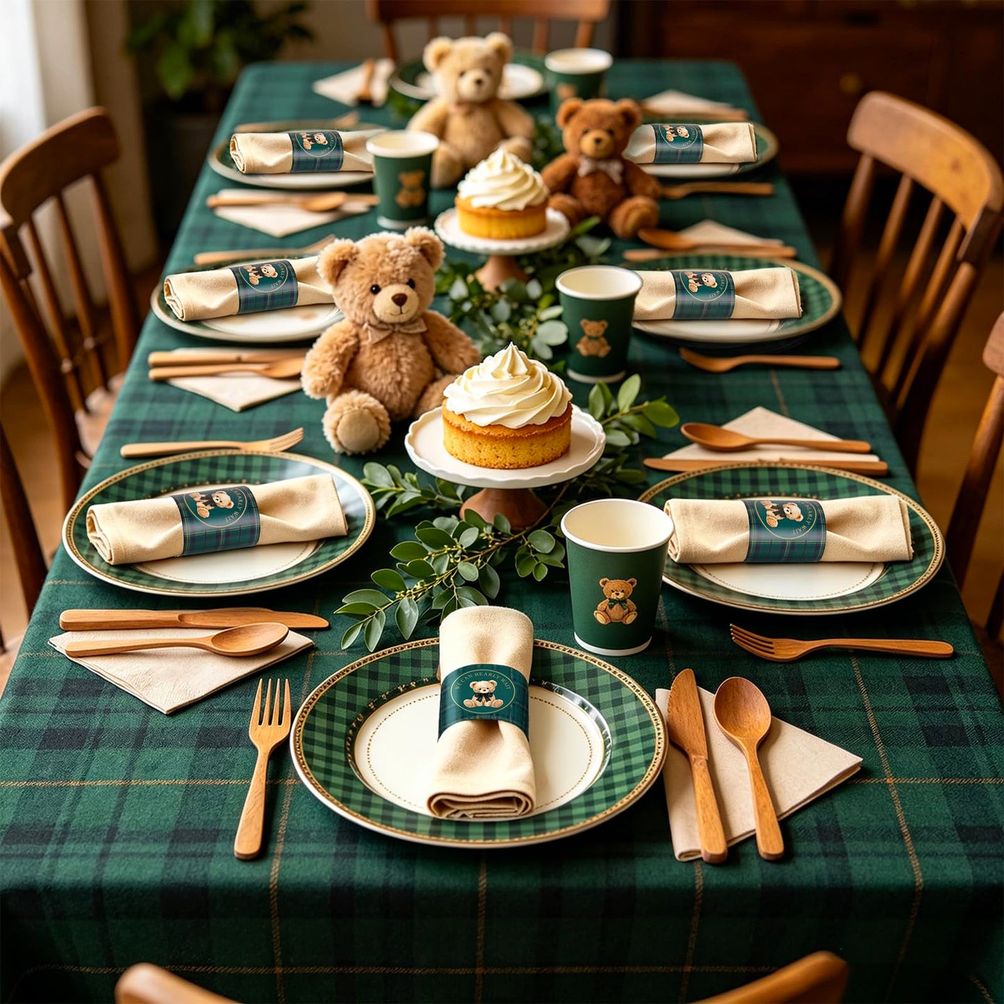 Whaline 200Pcs Tartan Plaid Bear Napkin Ring Cute Bear Self-Adhesive Napkin Holder Baby Shower Paper Dinner Table Ring for Birthday Gender Reveal Party Table Setting Decorations
