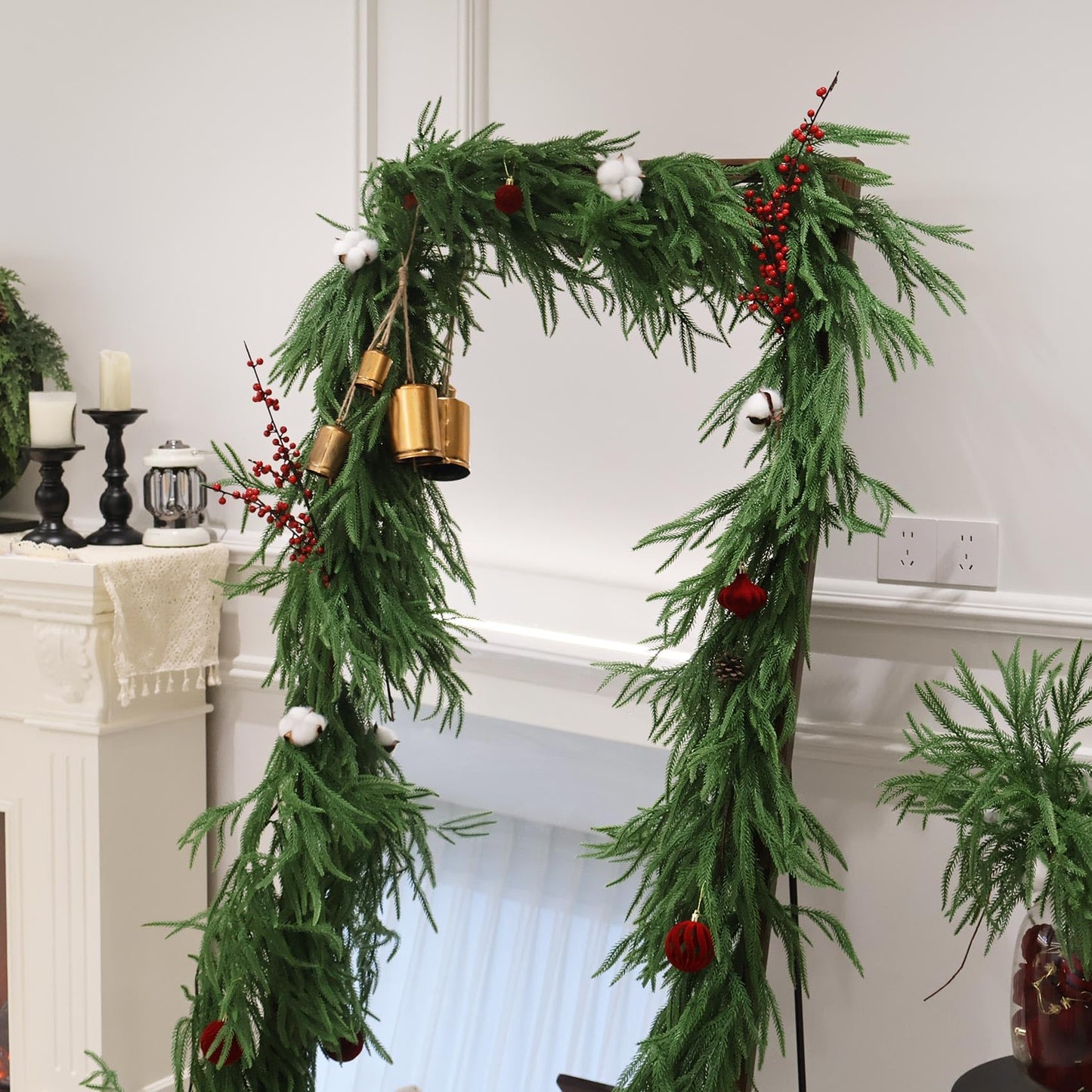 15FT Christmas Garland Norfolk Pine Garland Real Touch Artificial Greenery Garland for Mantle Fireplace Table Indoor Outdoor Holiday Decortions