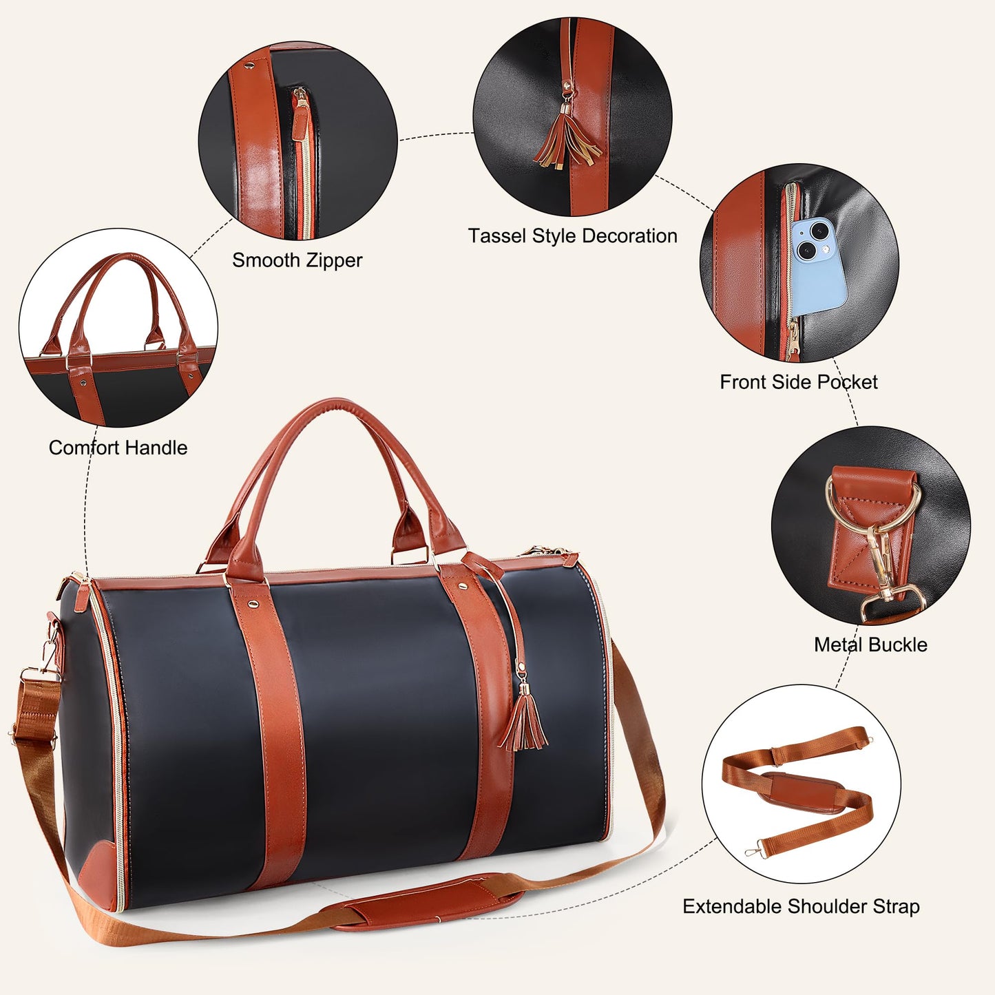 Convertible Garment Duffle Bag for Travel, Carry On Garment Bag with Shoe Pouch, PU Leather, 2 in 1 Hanging Suit Travel Bags Large Weekender Overnight Bags for Women Men (Black)