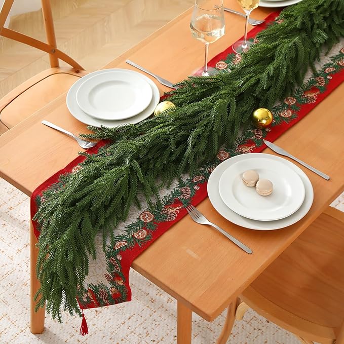 9FT Christmas Norfolk Pine Garland, Realistic Greenery Artificial Garland for Indoor Outdoor Door Porch Fireplace Wall Staircase Holiday Christmas Decor