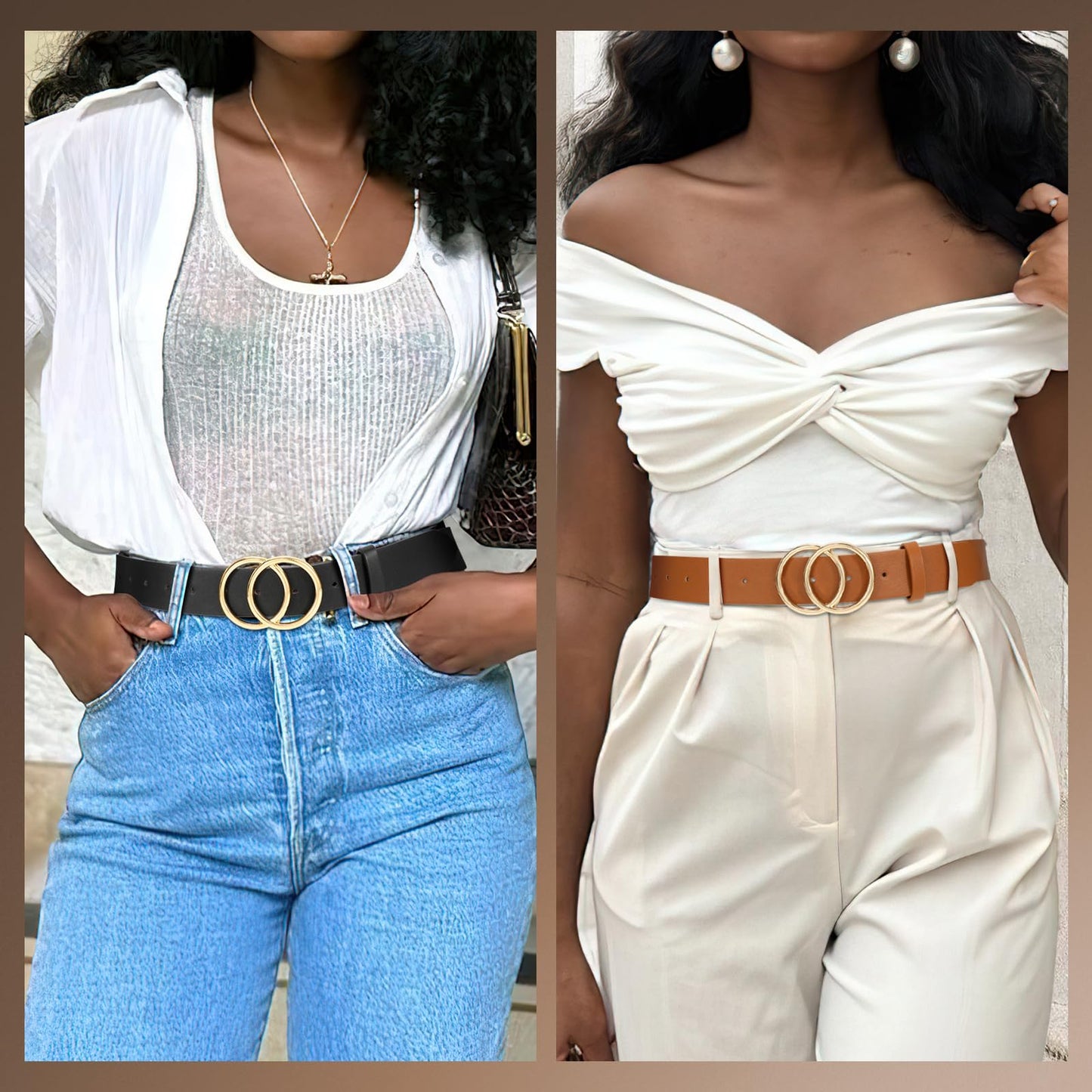 SANSTHS 2 Pack Women Leather Belts Faux Leather Jeans Belt with Double O Ring Buckle Black Brown M