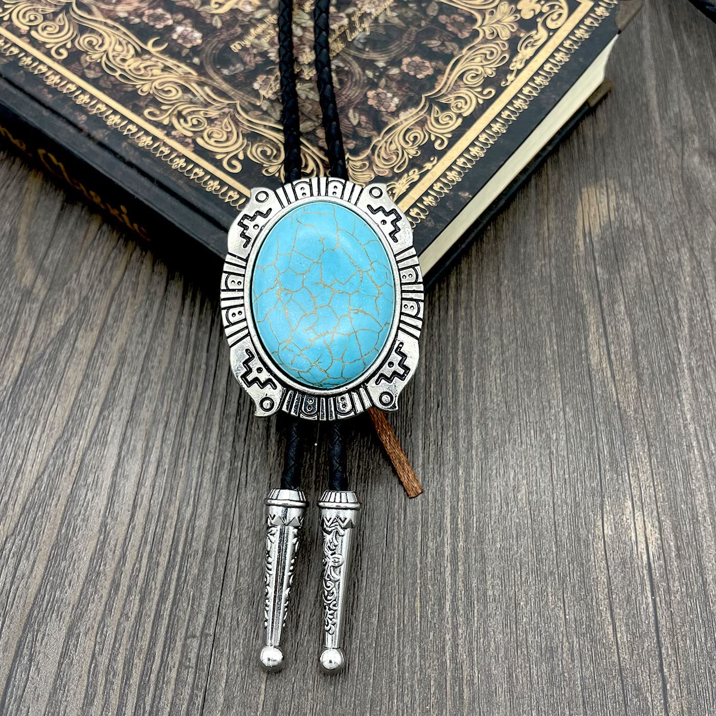 YOQUCOL Blue Turquoise Stone Bolo Tie Native Western Cowboy Indian Hand-woven Leather Bola Tie Necktie for Men Women