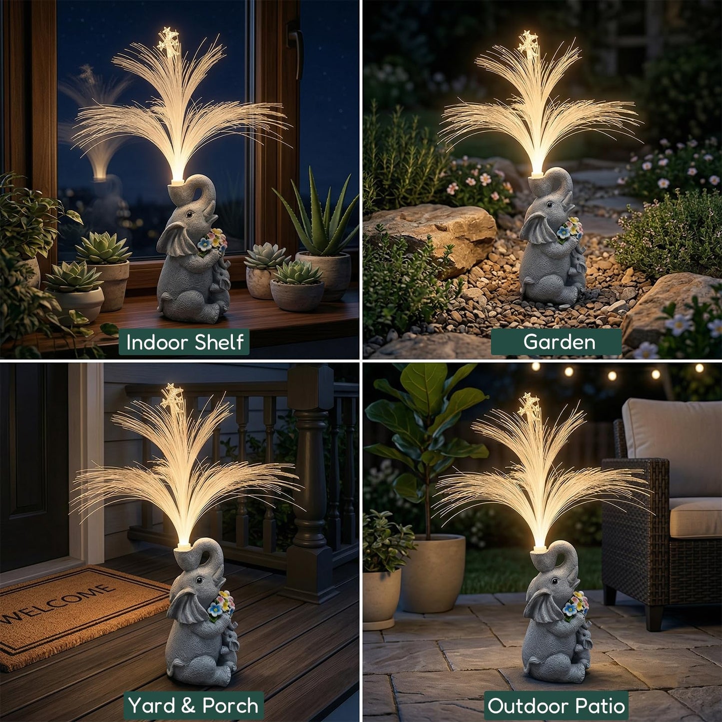 Vuees Solar Elephant Statue with Fiber Optic Light, Resin Animal Figurine Garden Decor, Waterproof Outdoor Sculpture Ornament for Patio, Yard, Porch and Lawn Decoration