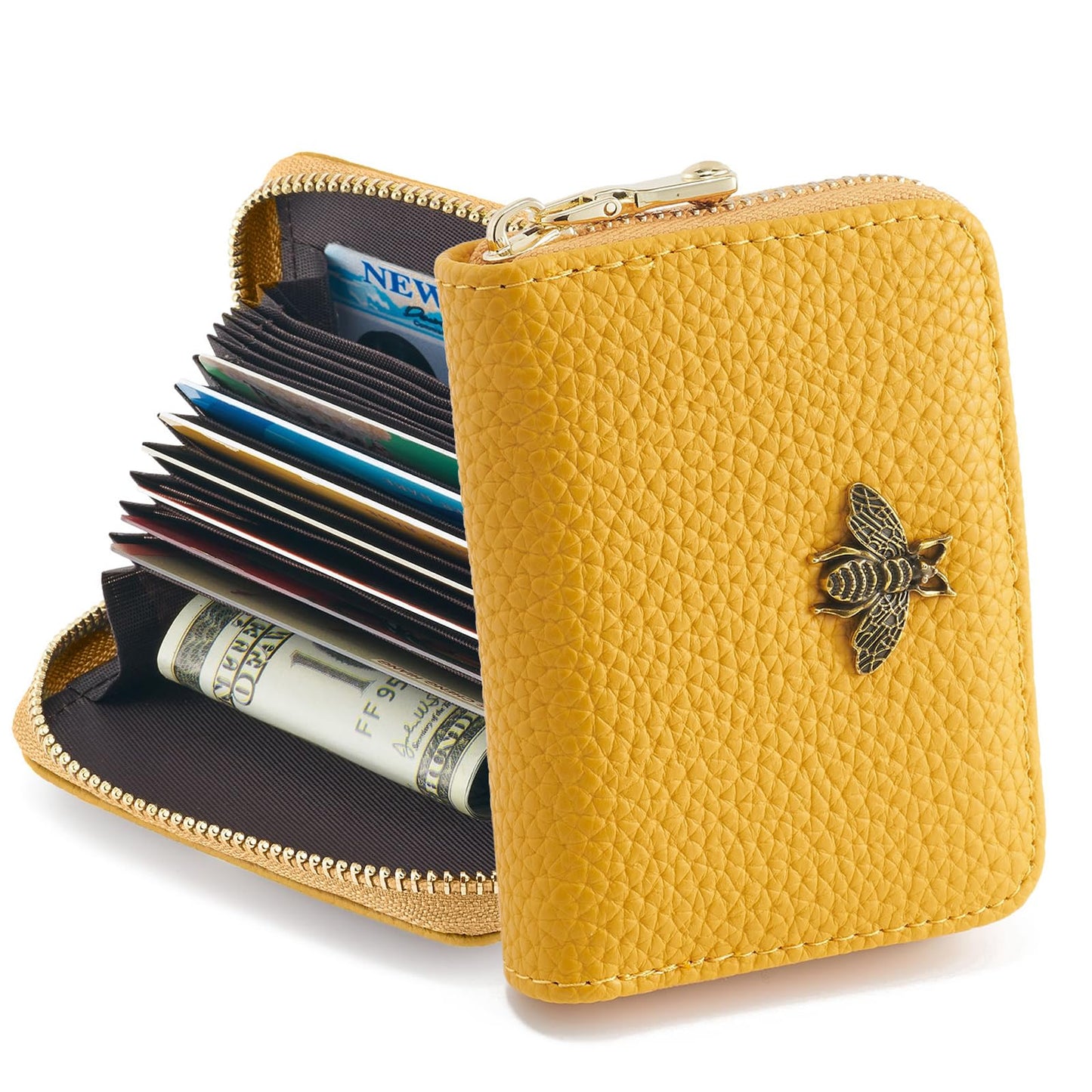 WOZEAH Small Women RFID Wallet Credit Card Holder, Accordion Wallet Leather Zipper Card Case(Yellow)