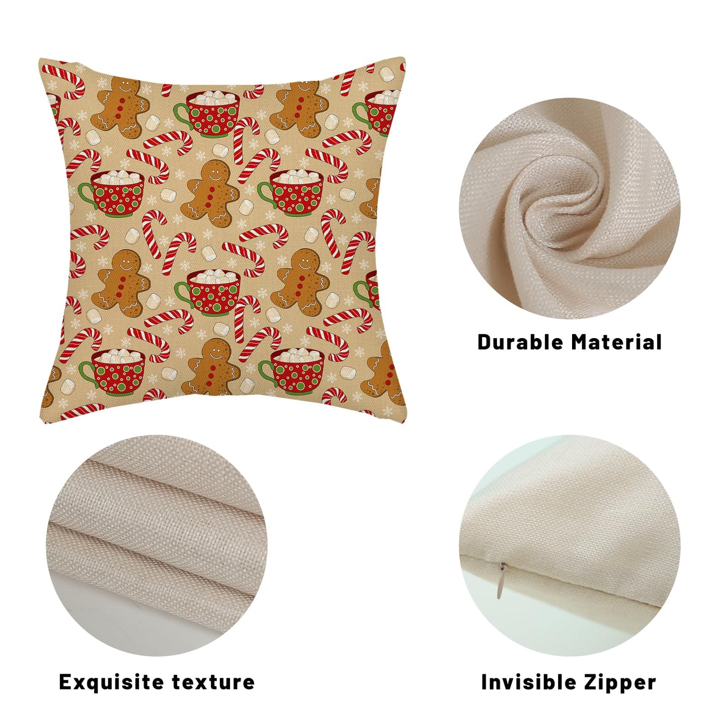 DAFENA Christmas Pillow Covers 18x18 Inch 2 Pcs Gingerbread Man Candy Cane Snowflake Decor Throw Pillows Winter Xmas Holiday Farmhouse Decoration Pillowcase Linen Cushion Cover for Couch Sofa