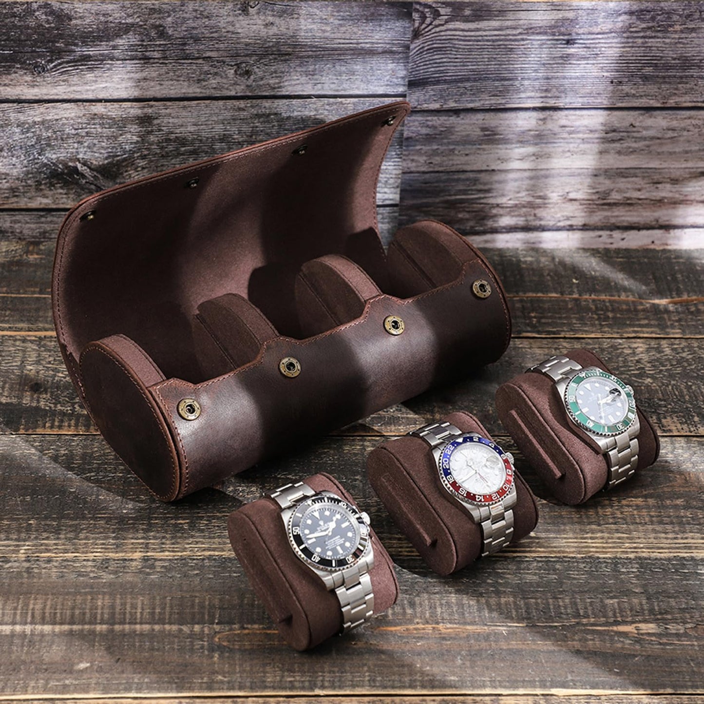 Acidea Genuine Leather Watch Roll Travel Case, Travel Watch Case for Men, Leather 3-Watches Roll Case for Bracelets, Portable Watch Storage Organizer with Removable Pillows