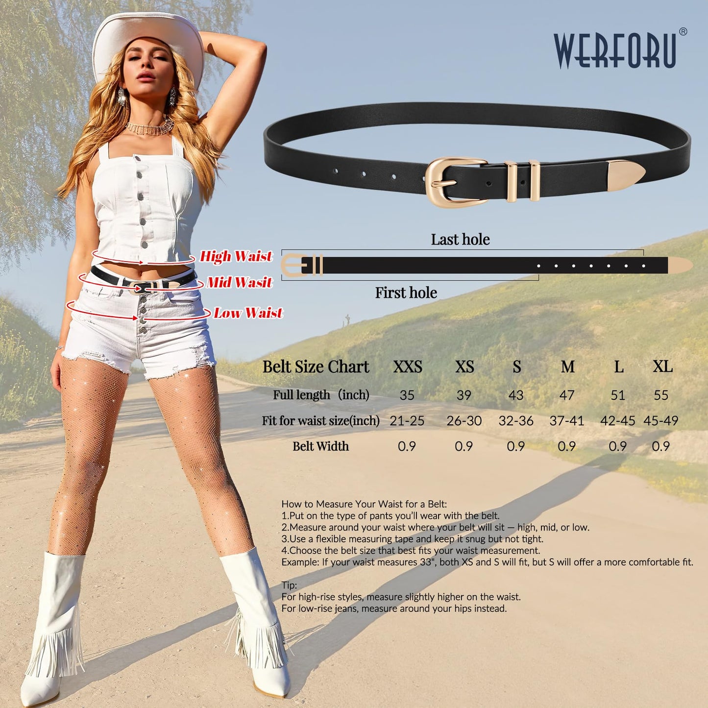 WERFORU Women Leather Belt Fashion Leather Waist Belt for Pants Jean Ladies Western Thin Belt with Gold/Silver Buckle (Fit Waist Size 31"-36",Black-Gold Buckle