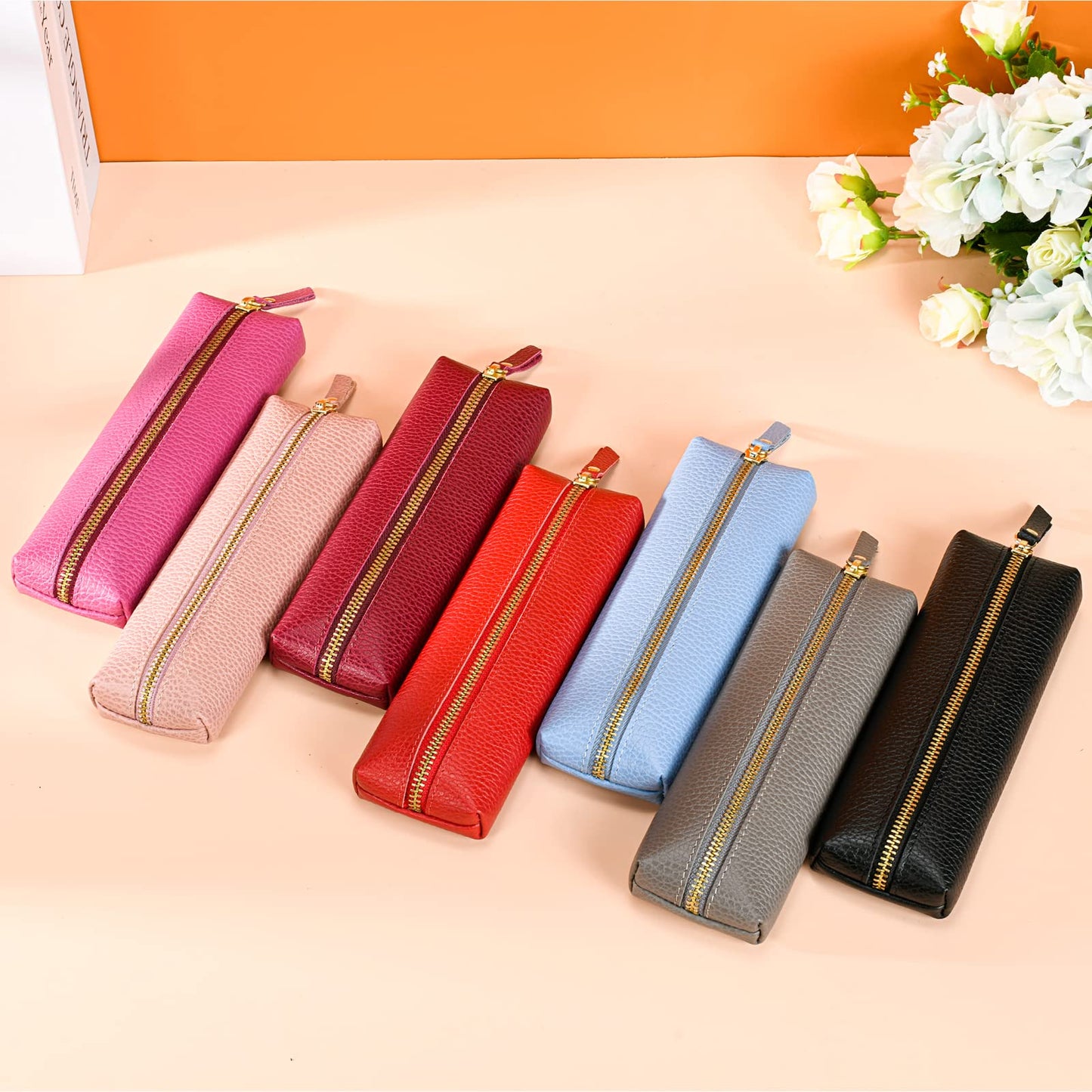 Sluxa Genuine leather pen case, Cowhide pencil pouch with zipper, Soft black pen bag for adults.