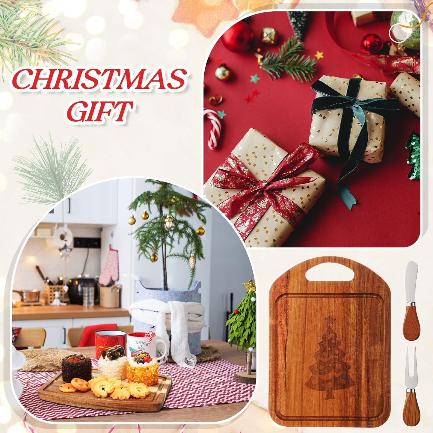 Sawysine 8 Sets Christmas Cheese Board Gift, Engraved Acacia Wood Cutting Board with Cheese Knife,Fork,tag,Charcuterie Boards for Holiday Party, Bridal Shower,Wedding, Housewarming Gifts(11" X 8")