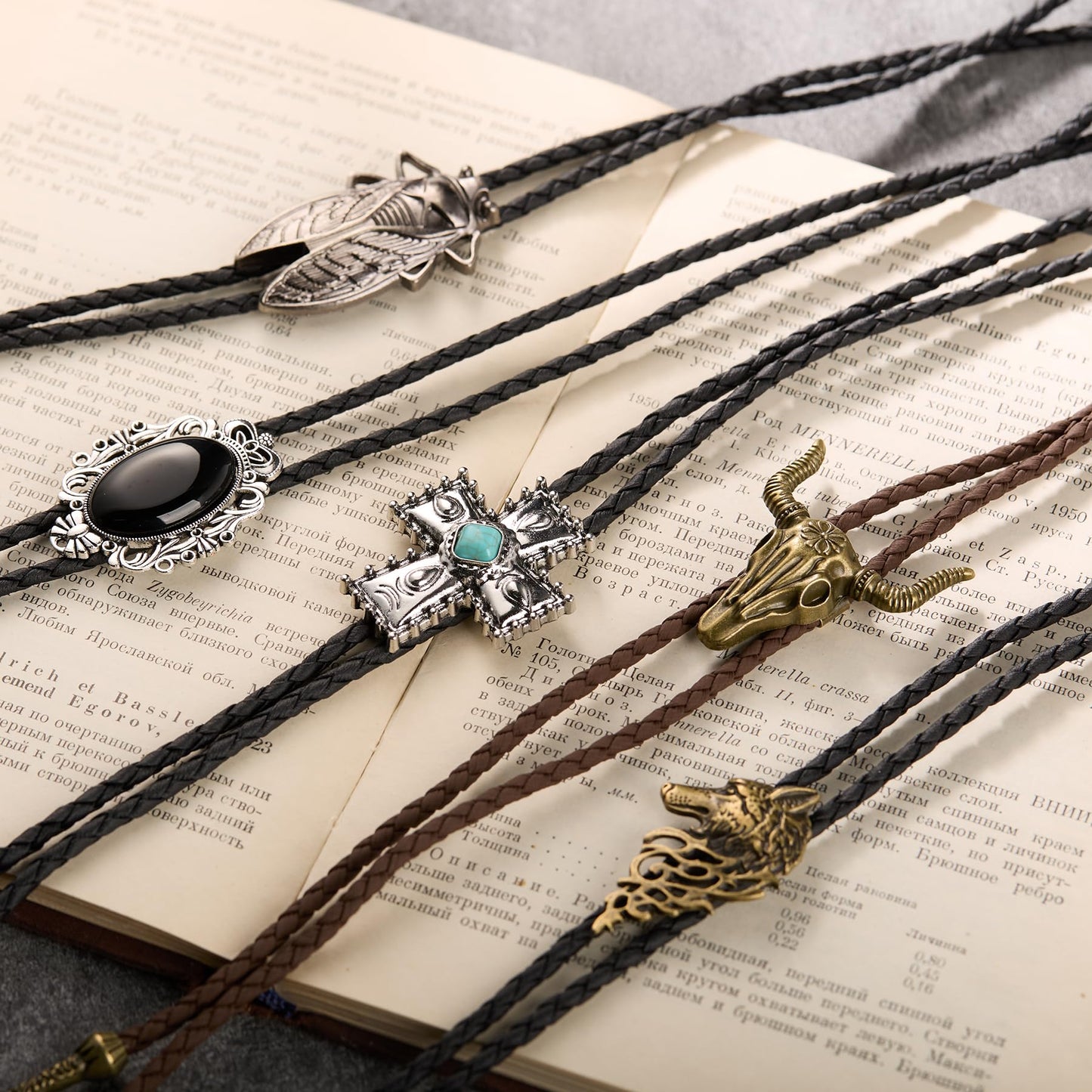 INSYOHO 5 Pcs Western Cowboy Bolo Tie for Men Women Native American Turquoise Cross Leather Necktie Rodeo Costume Necklace Accessories with Cicada, Fox Head, Bull Head Pendant Designs