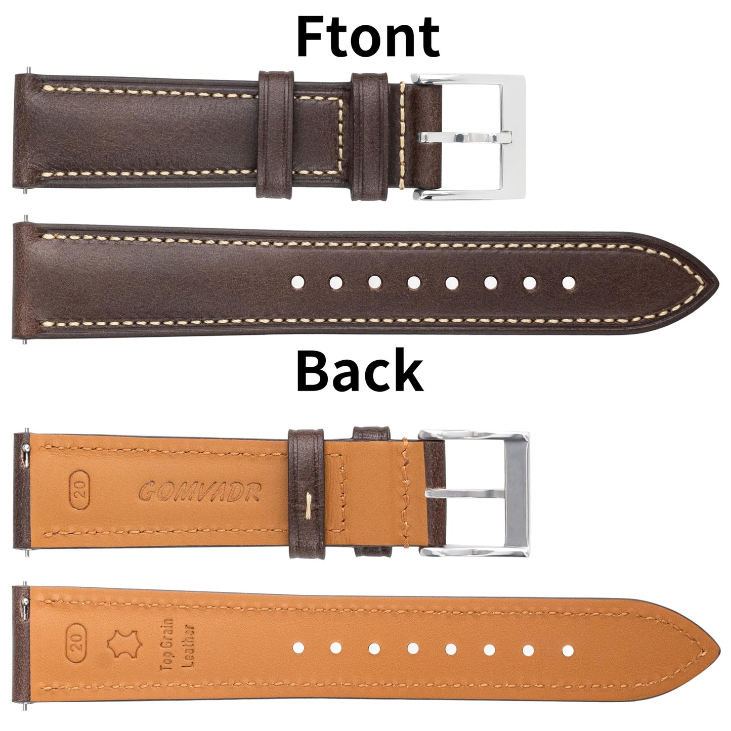 Gomvadr Vintage Genuine Top Grain Leather Watch Strap Quick Release, 18/19/20/21/22/24mm, Silver/Black Buckle, Universal Fit Unisex for Daily Wear (Black with Silver Buckle, 21mm)