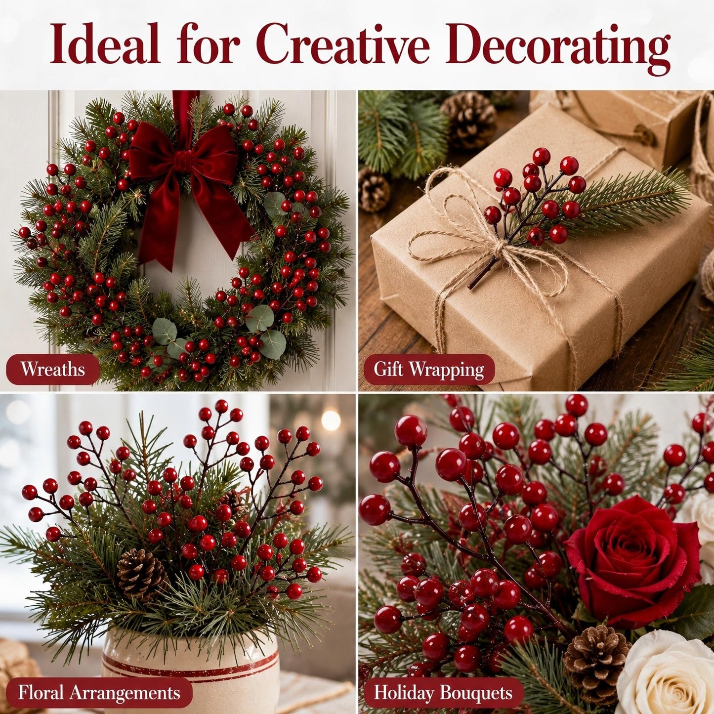 RAINFLOW Red Berry Stems for Christmas Tree - 12 Pcs Artificial Holly Berries 8 Inch Berry Branches No Shedding for Wreath Garland Holiday Home Decor Indoor Outdoor