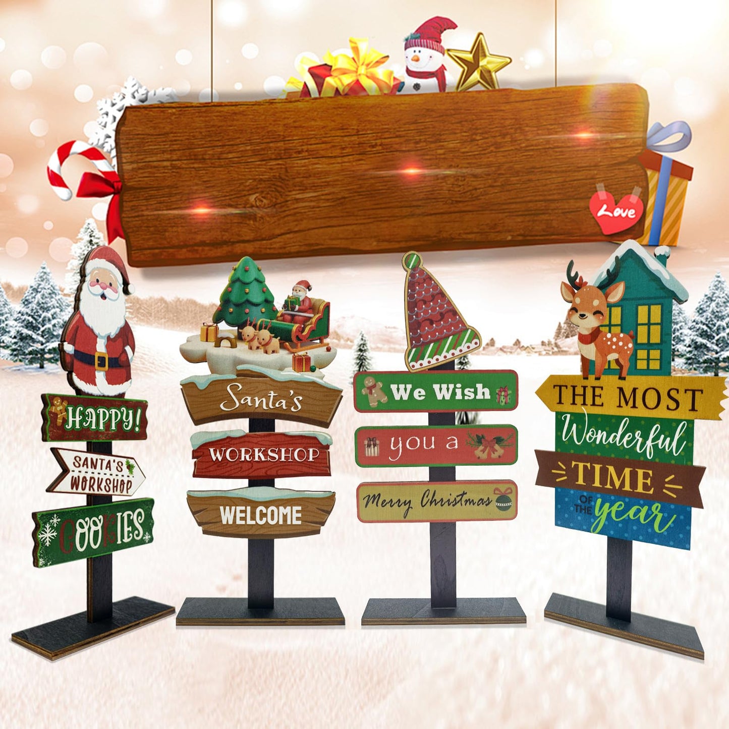 YvSuZeBuDa Christmas Table Decorations, 4 Piece Wooden Rectangular Sign Boards, Rustic Farmhouse Style, Polychrome, 8.86 x 4.72 Inches, Wall Mount with Twine, Cozy Theme (Santa hat)