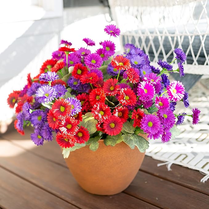 HyeFlora Dahlia Artificial Flowers for Outdoors Decoration, 6 Bundles Fake Mums Faux Flowers Plants Realistic UV Resistant Silk Flowers for Outside Planter Front Door Yard Garden Indoor Home, Mix