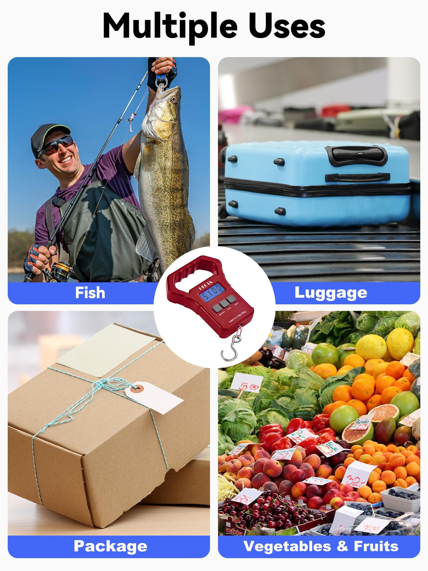 HEETA Fish Scale, 110lb/50kg Digital Portable Hanging Fishing Weight Scale with Backlit LCD Display, Luggage Scale with Non-Slip Large ABS Handle & 2 AAA Batteries, Fishing Gifts Gear for Men, Red
