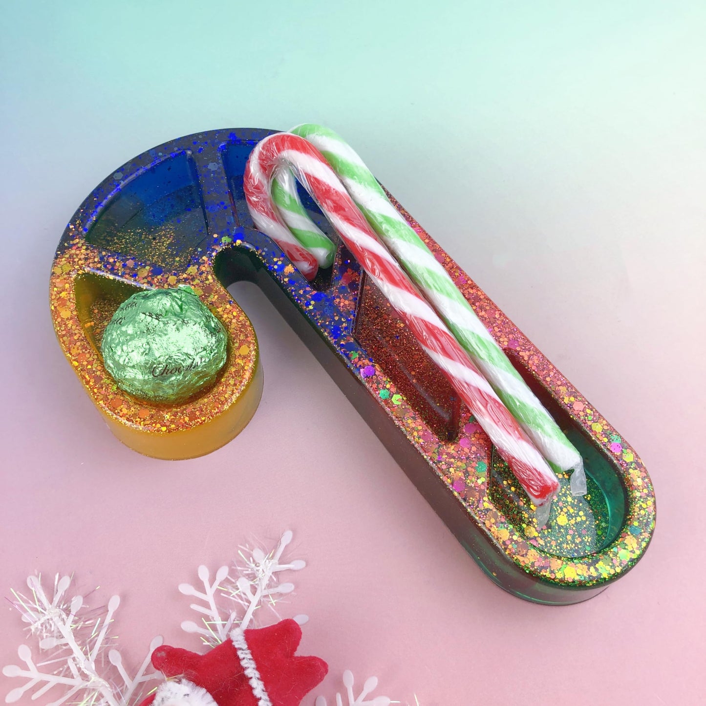 Christmas Candy Cane Resin Tray Silicone Mold, Candy and Snack Plates, Jewelry Storage Trays, Christmas Home Decor Casting Mold, Resin molds Silicone Clearance with Glitter Design