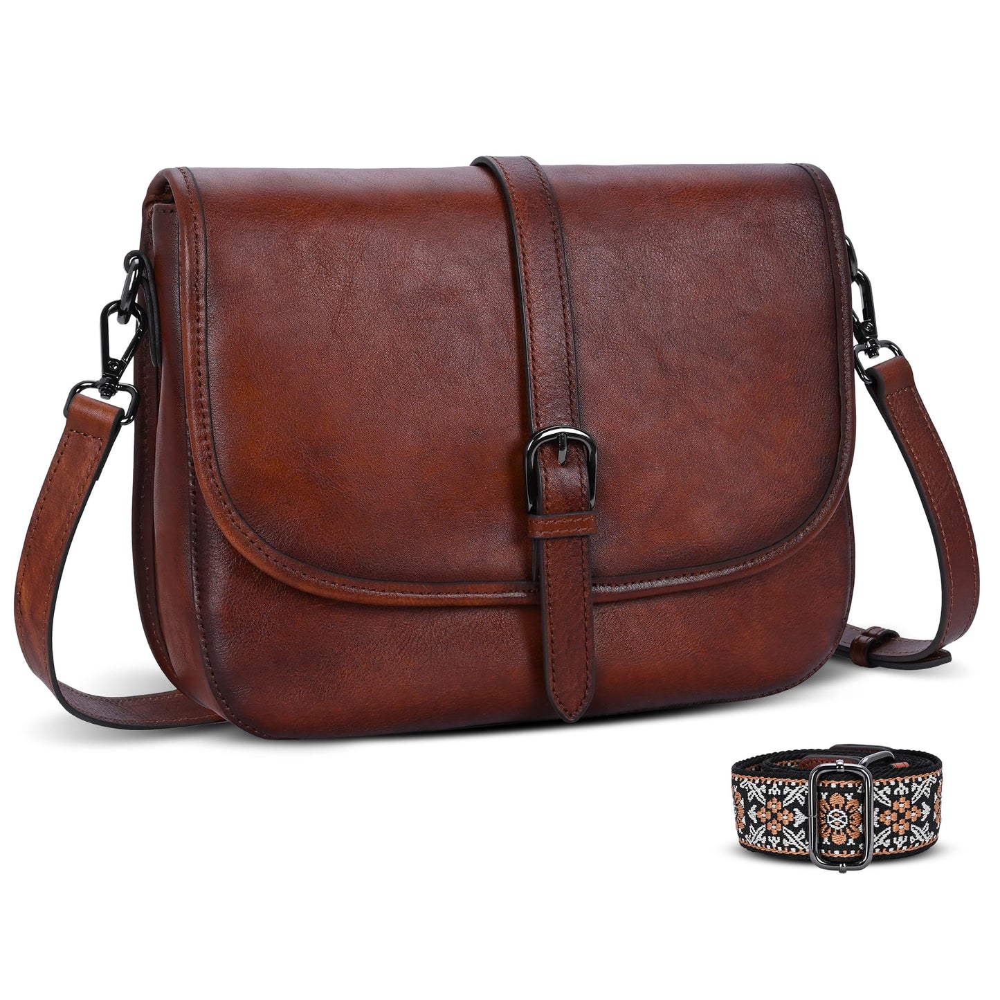 HESHE Geuinue Leather Purses for Women Crossbody Bags Shoulder Handbag Vintage Flap Saddle Purse Travel Cross Body Bag Hobo Satchel with Pockets(Brown)