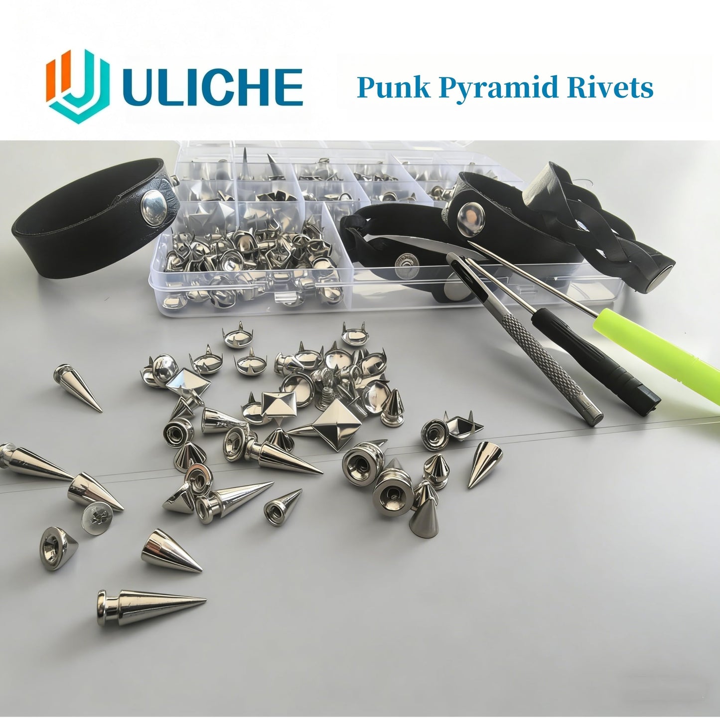 Uliche 559 Pcs Punk Studs and Spikes Kit,8 Sizes Cone Spikes,Square Pyramid&Circular Rivet,Metal Tree Spikes Studs for Clothing and Leathercraft Accessories DIY Craft Decoration,Wristband Included