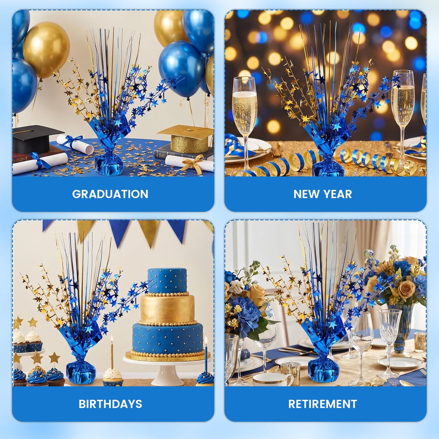 12 Pack Metallic Foil Spray Star Centerpieces for Tables, Blue and Gold Party Decorations for Wedding Birthday Baby Shower Bachelorette Retirement New Years Party Table Decorations