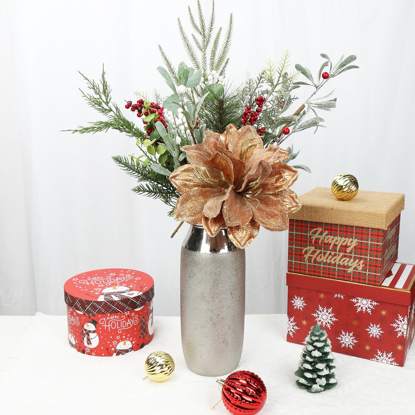 Briful 3PCS Christmas Glitter Poinsettia Flowers 3 Heads Large Artificial Amaryllis Floral Picks 24 Inch Long Stem Fake Flowers Ornaments for Christmas Tree Vase Table Centerpiece Decor (Bronze)