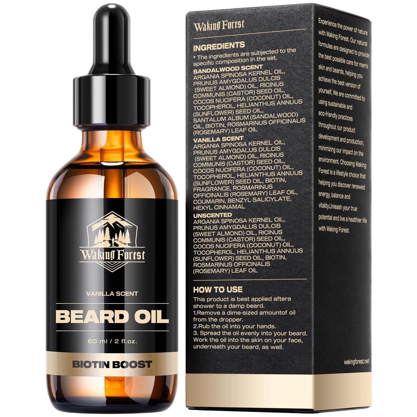 Waking Forest Beard Growth Oil - Biotin Sandalwood Oil with Vitamin E, Rosemary & Castor for Thicker, Softer, Stronger Beards (2oz)