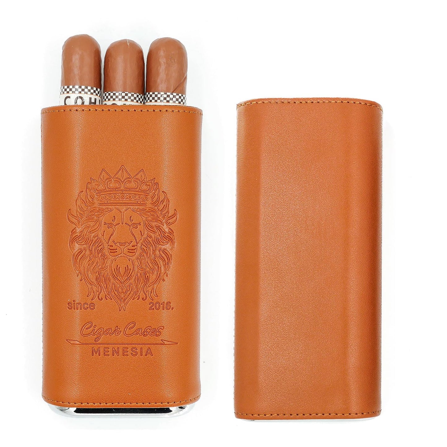 menesia Brown Cigar Case with Cutter - Portable Leather Travel Cigar Holder and Pouch Kit for Men