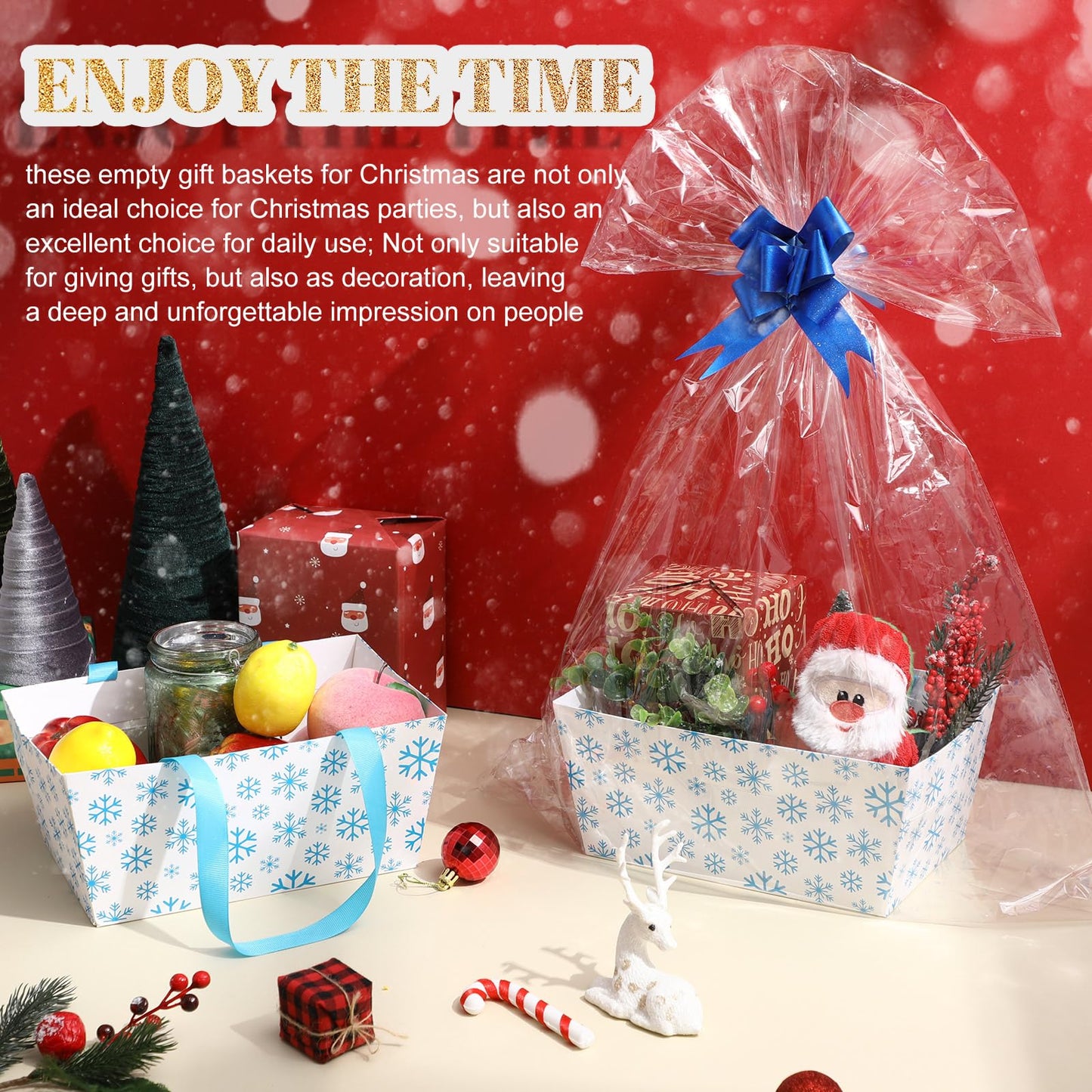 Moinchore 12 Pcs Snowflake Basket for Gifts Empty 9.8x6.5'' Winter White Blue Market Tray Cardboard Basket with Bows, Plastic Bags, Twist Ties, Empty to Fill for Holiday Birthday Xmas Winter Party