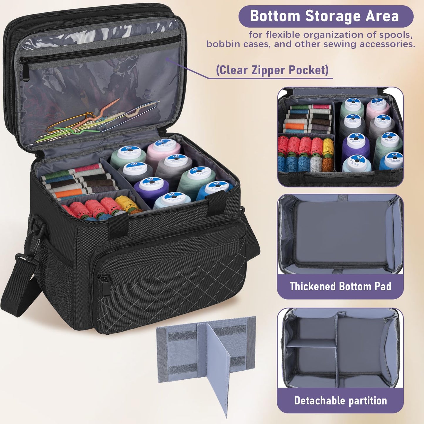FREEAMG Double Layer Sewing Storage Bag, Large Capacity Sewing Accessories Organizer Travel Sewing Case with Shoulder Strap & Clear Organizer Box (No Tools Included)