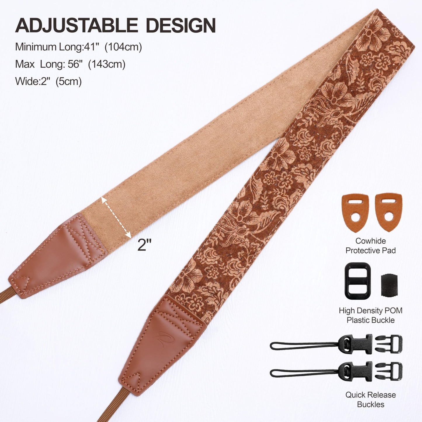 Padwa Lifestyle Cork Camera Strap - 2" Top Layer Cowhide Head Camera Straps for Photographers,Natural Log Crackle Art Print Style,Soft Chamois Velvet Padded Strap Quick Release fits All Cameras