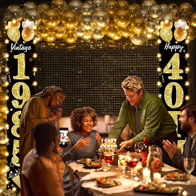 40th Birthday Party Banner Lighted Decorations for Men Women - Black Gold Vintage 1985 40th Birthday Decorations Door Banners with LED Light, Forty Years Birthday Party Supplies for Indoor Outdoor Decor