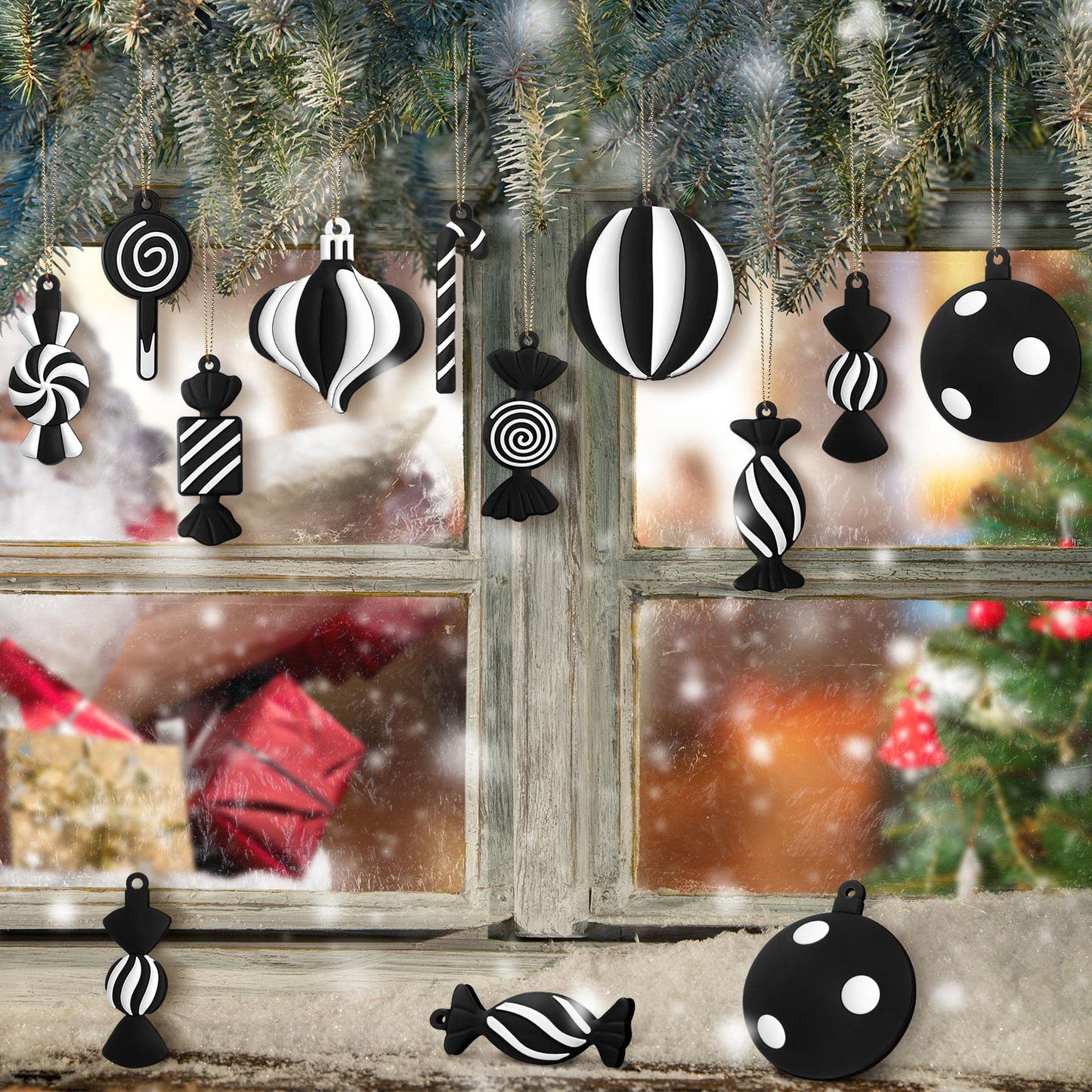 Panelee 20 Pcs Christmas Candy Tree Ornaments PVC Christmas Candy Cane Lollipop Ornament Xmas Hanging Decors Birthday Party Decoration Crafts for Holiday Xmas Tree Party (Black and White)
