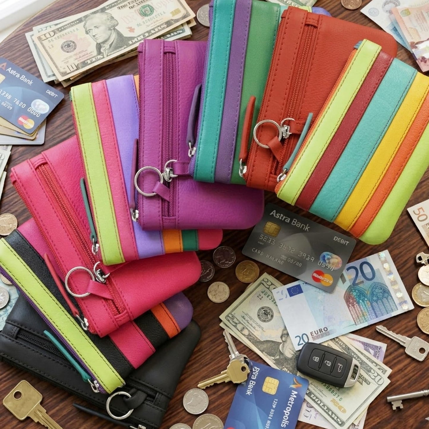 ili New York Mini Leather Coin Purse, Compact Genuine Leather Pouch with Key Ring & RFID Protection, Used for Coins, Keys and Cards, Ideal for Travel and Everyday Carry, Red