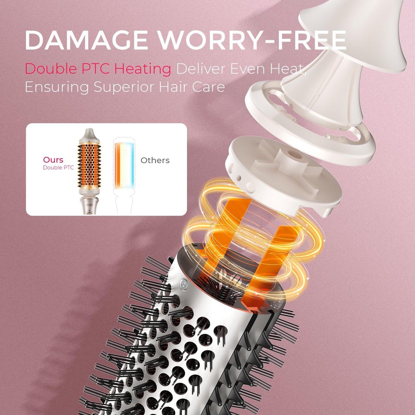 TYMO 2.0 Thermal Brush Curling Brush - STYLUX 1.7" Blowout Volumizer with Flexi-Fit for Hair Straightening, Heated Round Styler Tool, Hair Straightener and Curler 2 in 1, Dual Voltage & Light, Pink