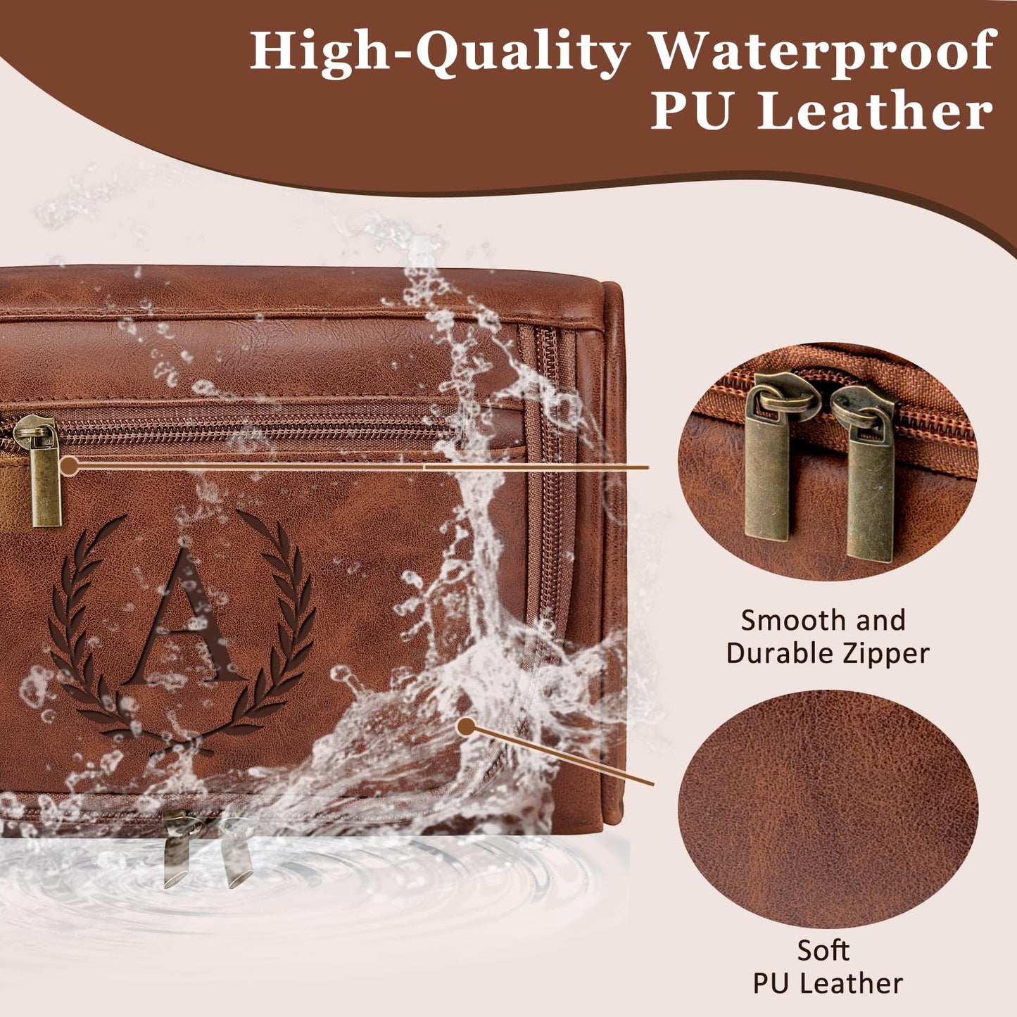 Aganmi Personalized Toiletry Bag Fathers Day Birthday Gifts for Men Dad Husband, Laser-Engraved Initial Waterproof PU Leather Toiletry Organizer Dopp Kit Shaving Bag Travel Essential Reddish Brown J