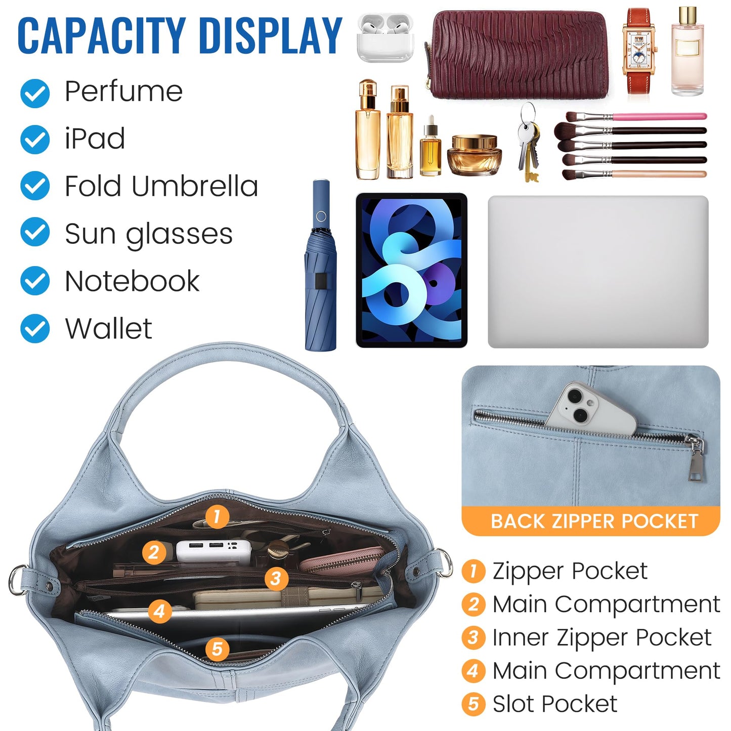 KOGTLA Vegan Leather Purses for Women with Detachable Satchel Strap, Ladies Handbags, Tote Hobo Bags with Top Handle Light Blue