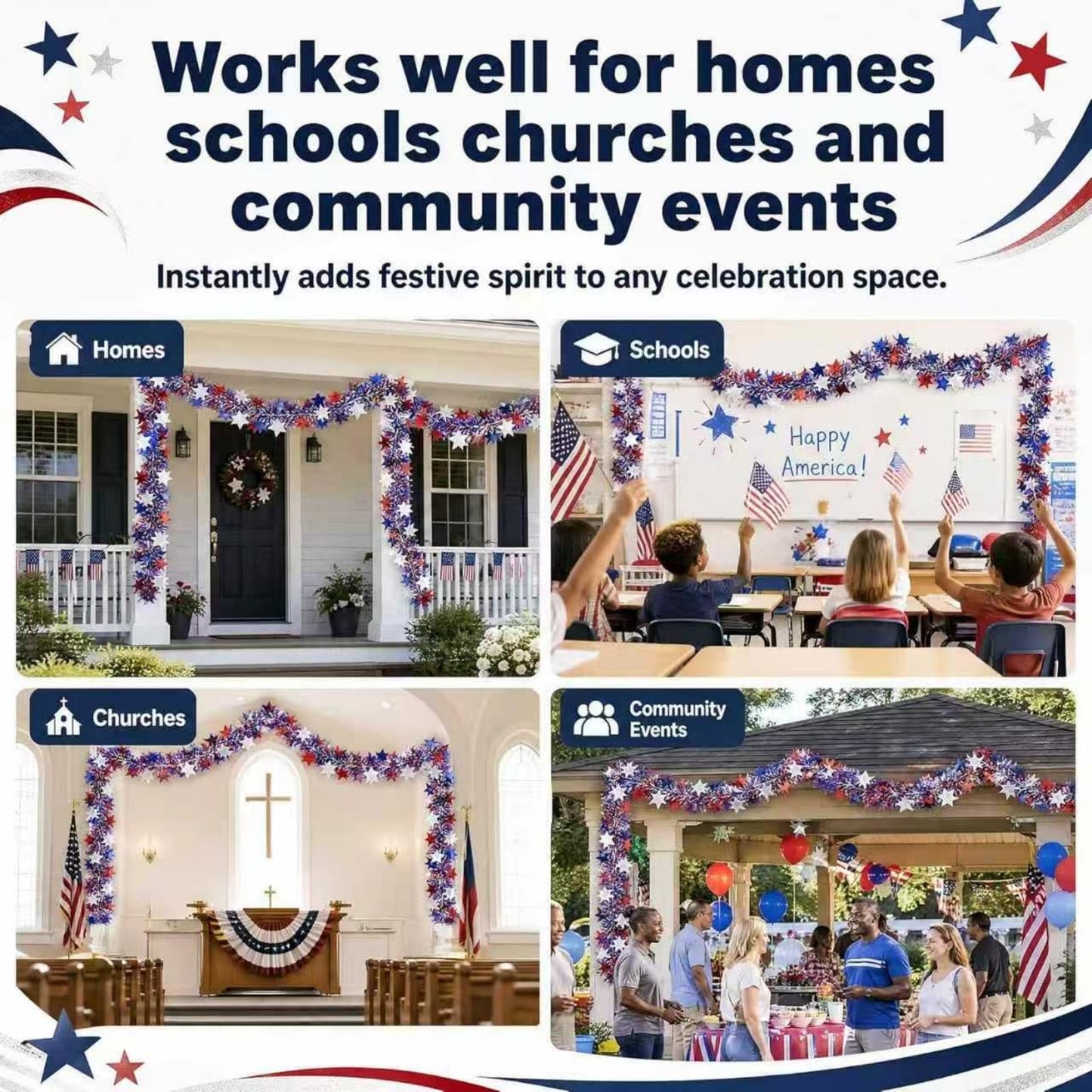 YunPuff 33Ft 4th of July Sequin Star Garland, Red White Blue Metallic Tinsel Twist Garland with 5-Pointed Stars, 2026 Patriotic Independence Day Decor for 250th Anniversary Home Staircase Porch