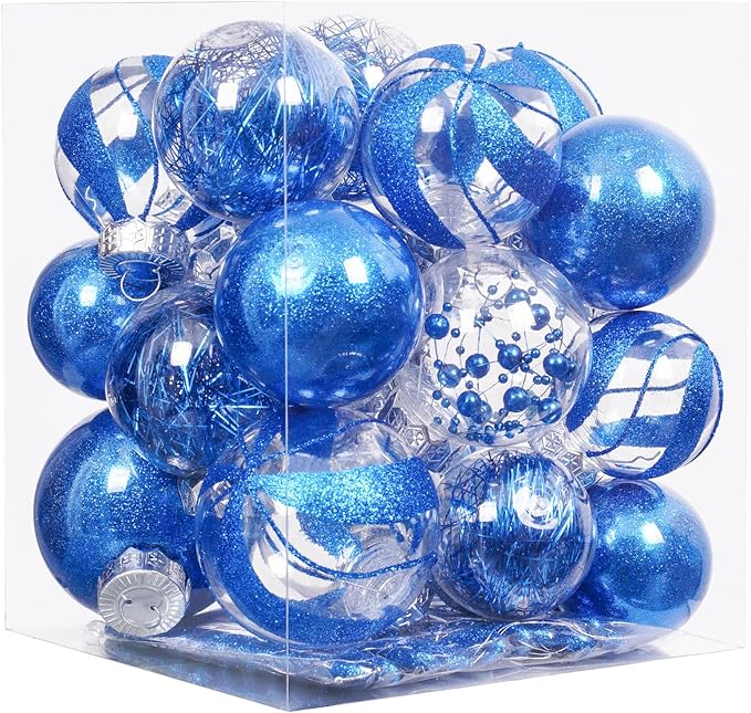 XmasExp 32ct Christmas Ball Ornaments Set -Blue Clear Plastic Shatterproof Xmas Tree Ball Decorations Hanging Baubles for Holiday Decor