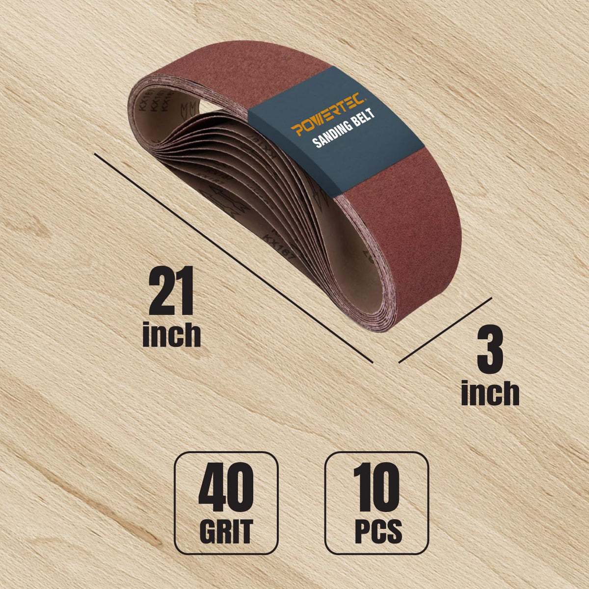 POWERTEC 3 x 21 Inch Sanding Belts, 10PK, 40 Grits Aluminum Oxide Sandpaper, 3x21 Sanding Belt for Portable Belt Sander, Woodworking, Paint Sanding, Metalworking, Rust Removal, Polishing (110460)