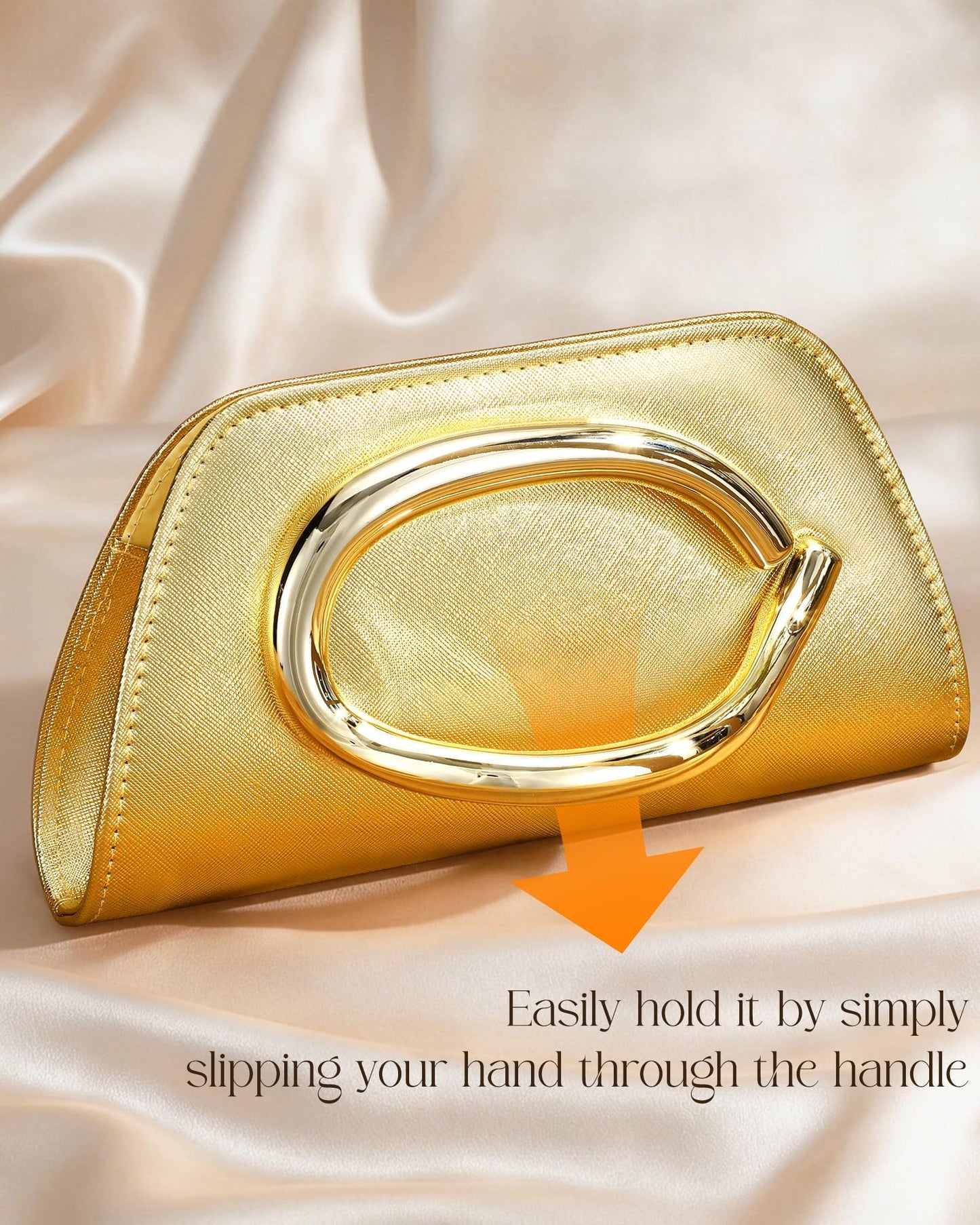 XquiziFit Gold Clutch PU Leather Clutch Purses for Women Metal Handle Evening Bag for Wedding Cocktail Party