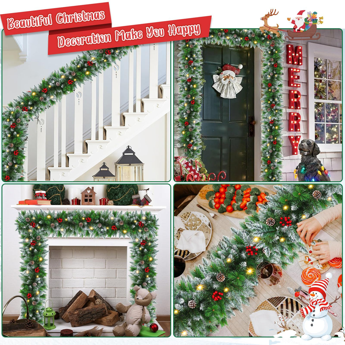 Christmas Garland with Lights - 9FT Pre-Lit Flocked Garland with 30 LED Bulbs, Red Berries, Pine Cones, Artificial Pine Battery Operated Garland for Fireplace, Staircase, Indoor & Outdoor Decoration