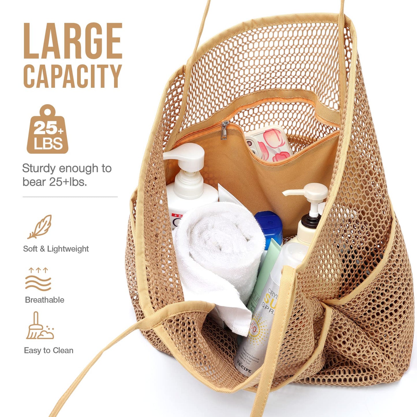 KPX Beach Bag with Mini Pocket, Summer Beach Tote Bags for Women Large Foldable Mesh Swimming Pool Travel Bags - Sandproof(Khaki)