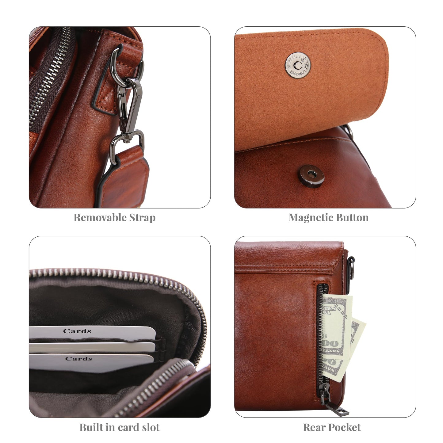 HESHE Leather Small Crossbody Bags for Women RFID Blocking Cell Phone Purse Anti-Theft Travel Bag with wide Straps (Brown)