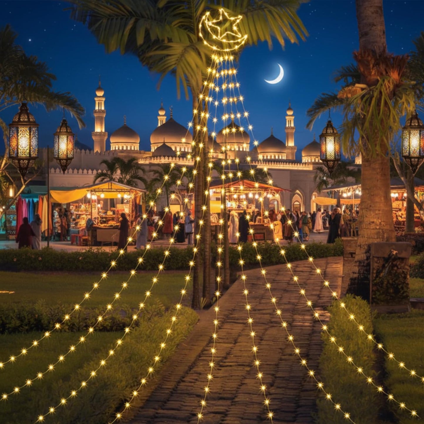 Glooglitter Ramadan Mubarak Eid Moon Star Lights Outdoor Decor 11.5ft Warm LED Waterfall Lights Extension Cord USB Powered for Tree Outside Yard Garden Patio Wall Porch Decorations